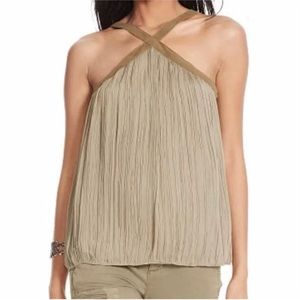 POLO Ralph Lauren Goat Suede Trim Halter Criss Cross Sleeveless Crinkle Top